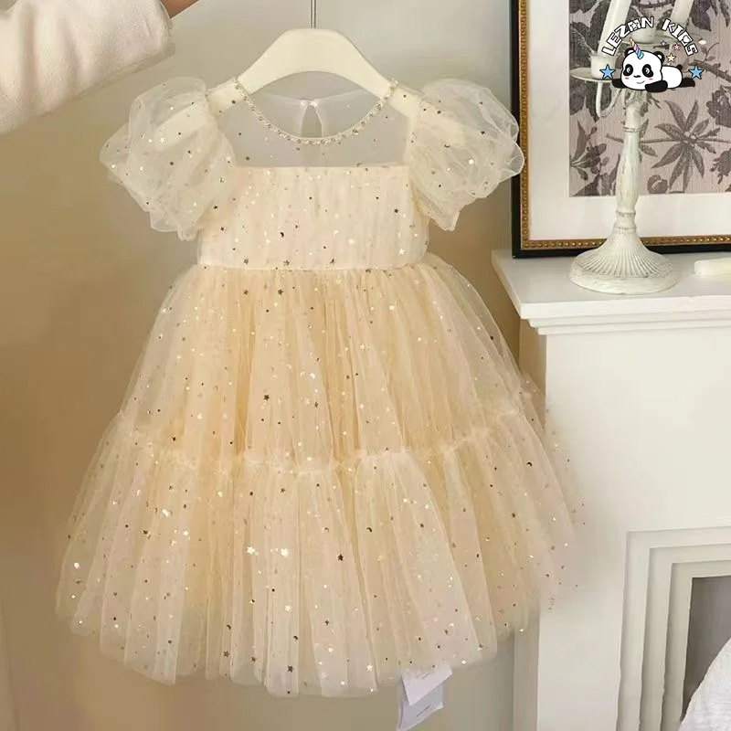 LEZONKIDS - Atacado de Novo Produto vestidos de tule com manga bufante curta e laço grande com impressão de padrão pequeno para meninas crianças